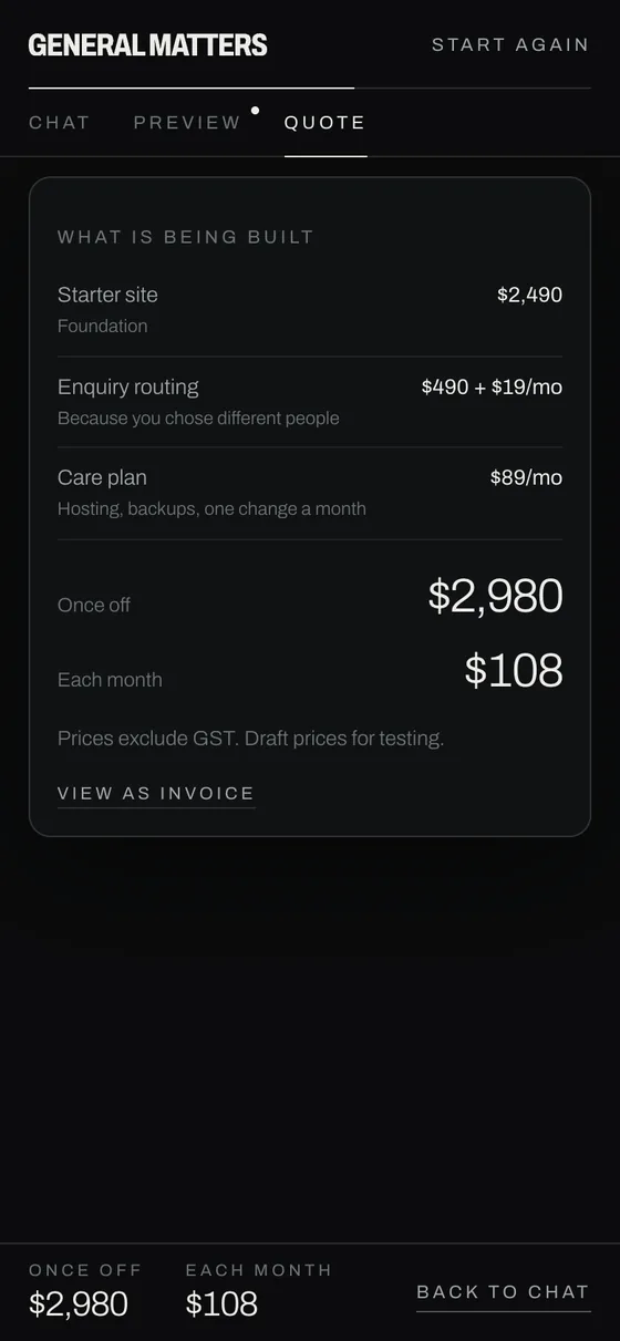 The builder on a phone, showing the quote tab with the price bar at the bottom.