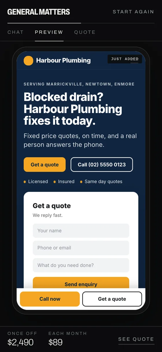 The builder on a phone, showing the site tab.